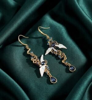 Museum Bird Earrings Swallow Mismatch Chinese Gold VTG Boho CZ Gothic Crane Art